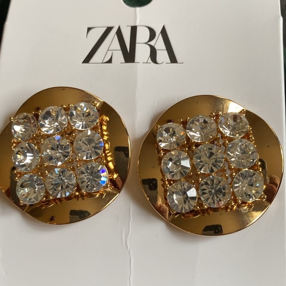 NWT. Zara Golden Circular Shape Metallic Earrings with Jewel Appliqués. - Picture 6 of 7